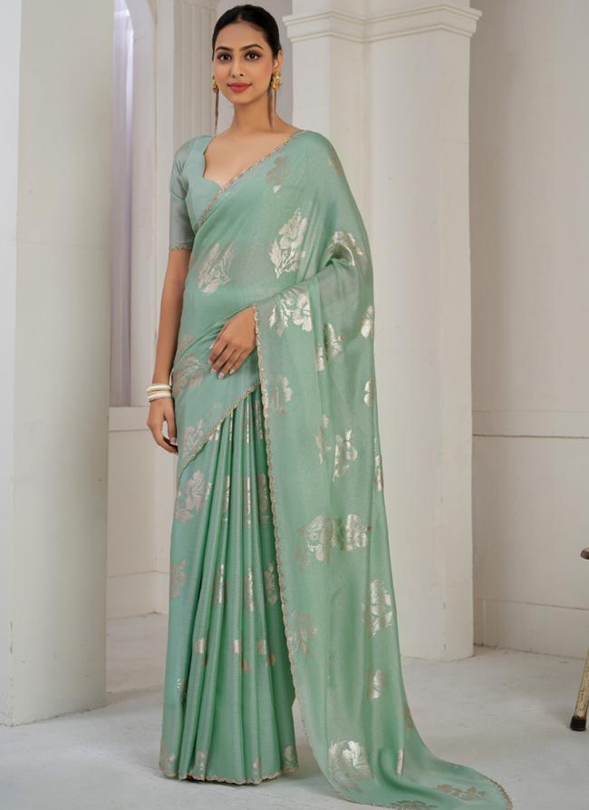 Sattin Silk Green Party Wear Hand Work Saree